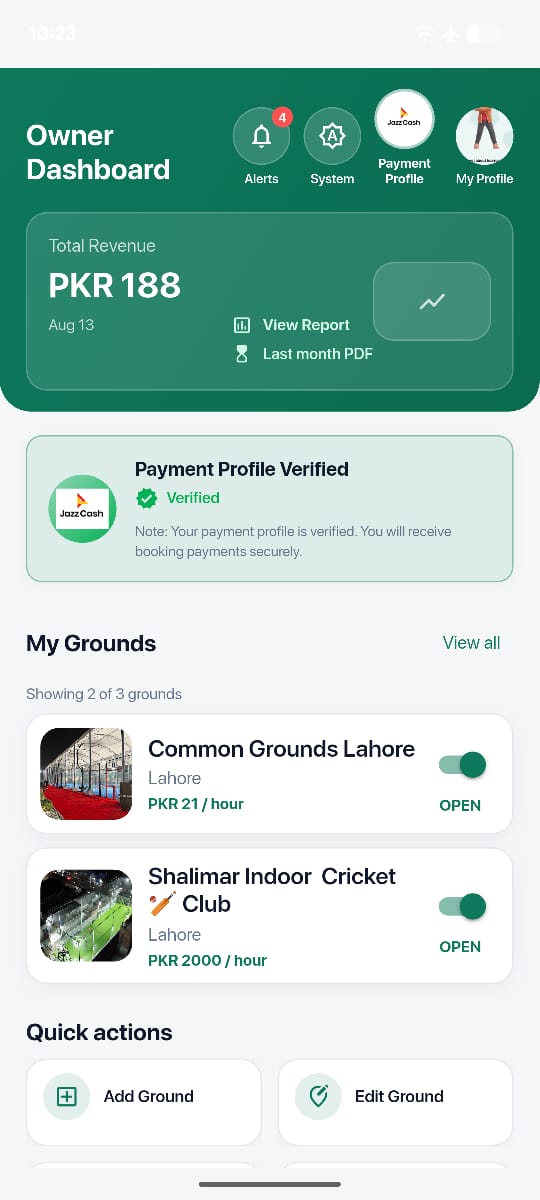 Owner dashboard: total revenue, verified payment profile, and each ground with an open or closed switch
