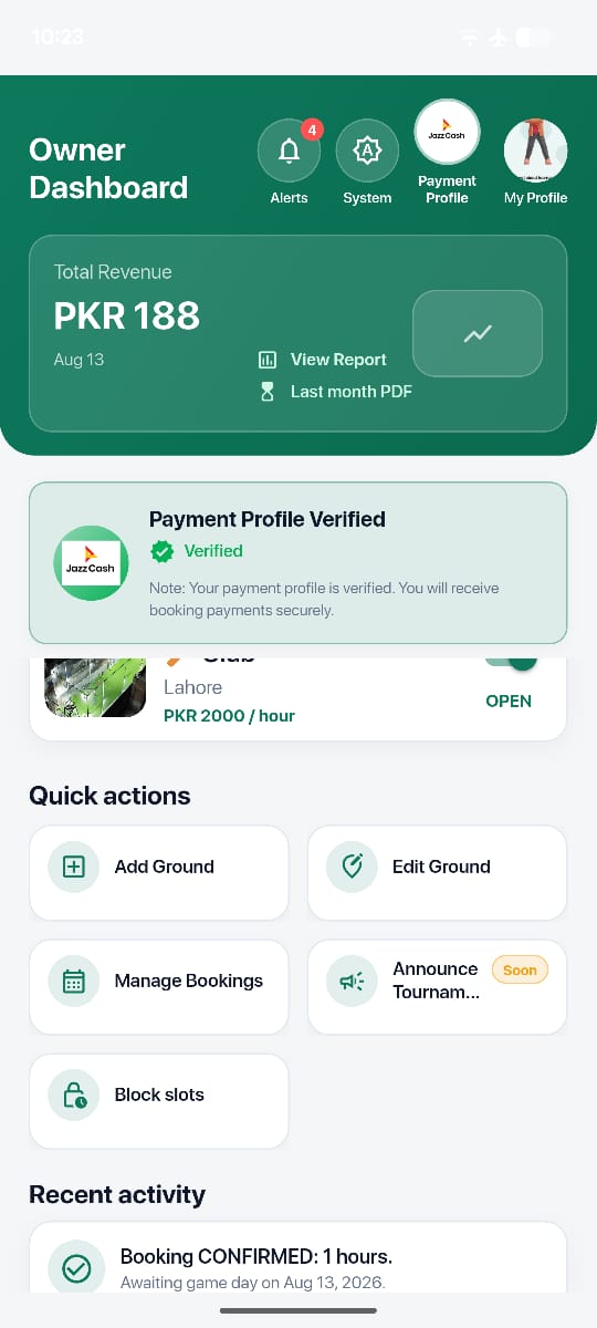 Quick actions and recent booking activity