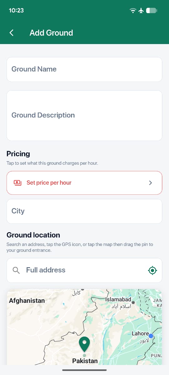 My grounds, with price per hour, courts and slot length