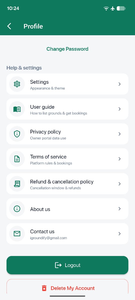 Owner profile, help and settings