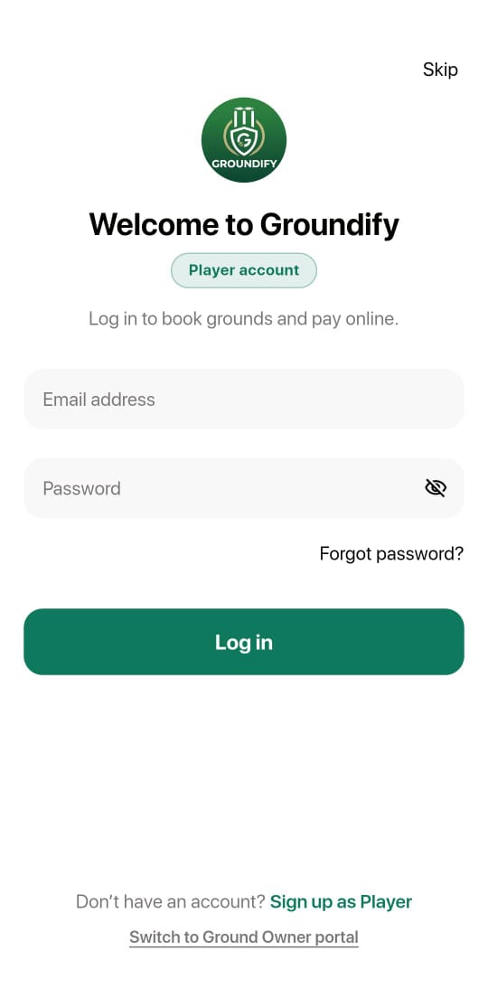 Player login screen