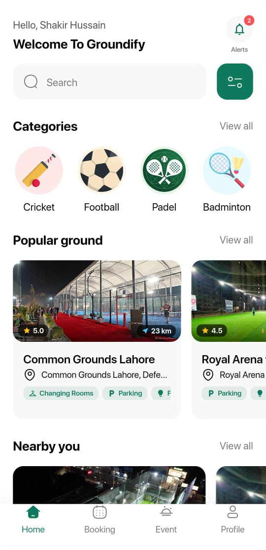 Home screen with sport categories and popular grounds