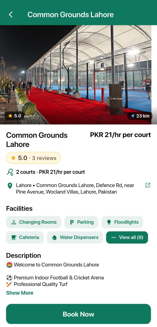 Ground details showing price per court, rating, facilities and Book Now