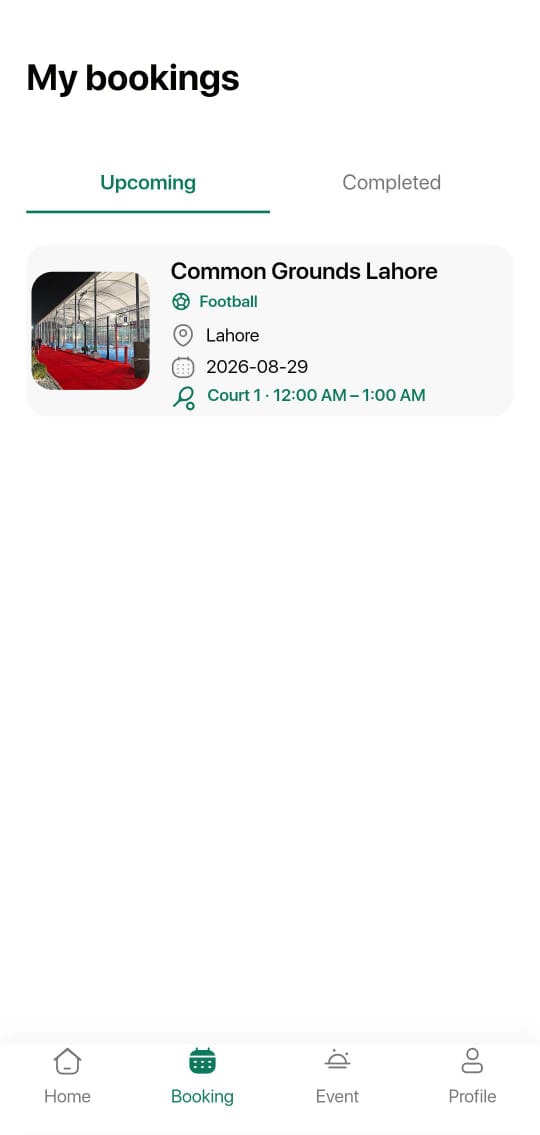 My bookings, showing an upcoming booking with court and time